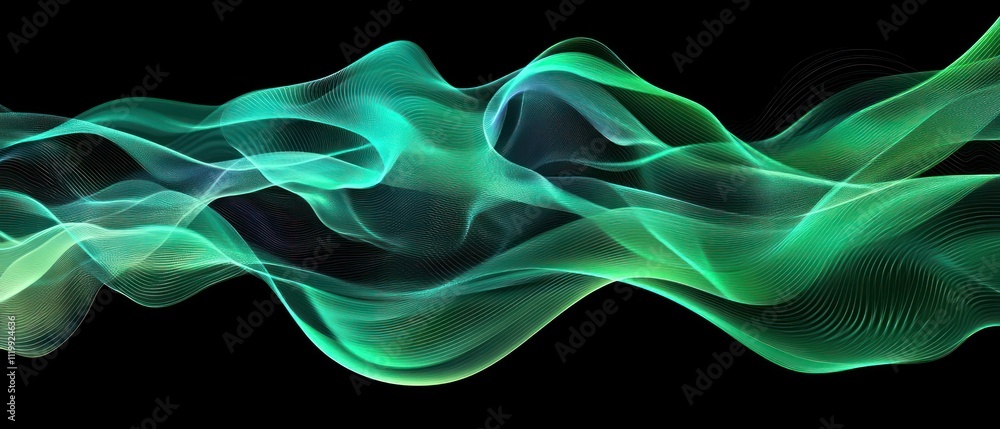 Poster abstract flowing waves in green and blue tones on a dark background.