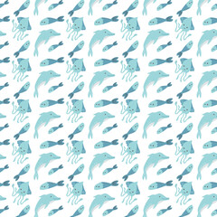 Aquatic animal pattern featuring fish, octopus, and dolphin in blue tones.