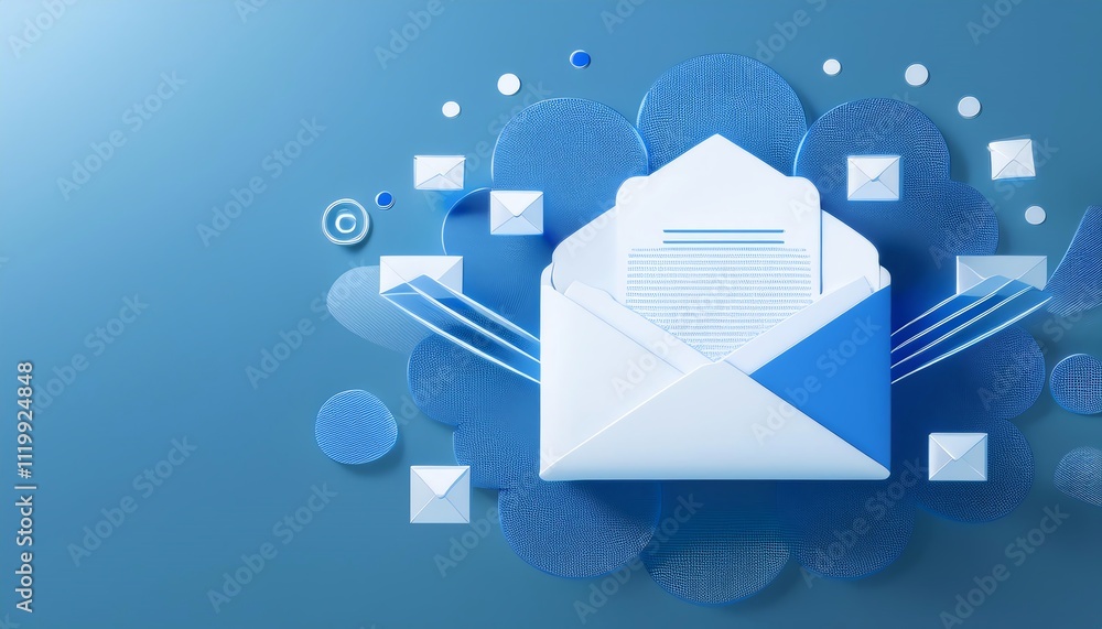 Poster a digital illustration of an open envelope with floating email icons and abstract designs, represent