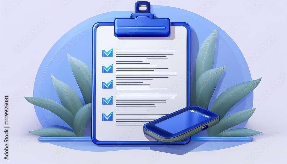Poster a digital checklist on a clipboard with a smartphone, symbolizing task management and organization.