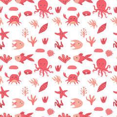 Colorful marine life pattern with octopus, fish, crab, starfish, and coral elements.