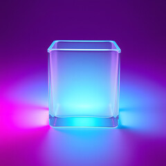 Semi-transparent frosted glass square with a soft glow, placed on a neon gradient of cyan and pink