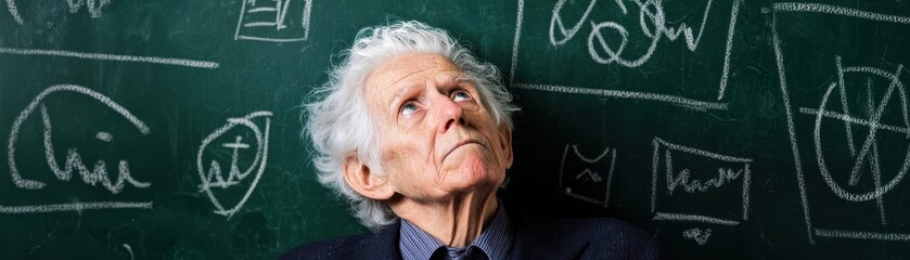 A thoughtful elderly man gazes upwards, surrounded by mathematical equations and sketches on a chalkboard, reflecting knowledge and curiosity.