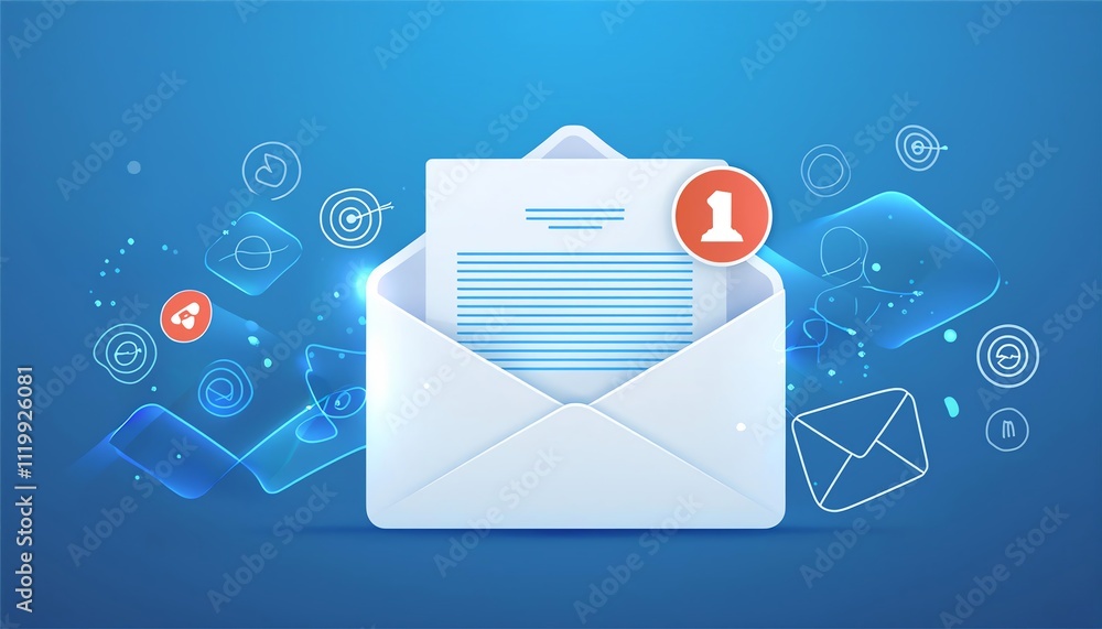 Poster a digital illustration of an open envelope with a notification icon, surrounded by abstract communic