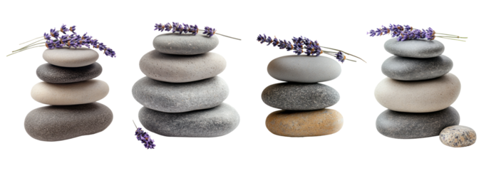 Stacked Stones with Lavender on Transparent Background