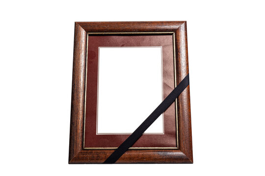 Brown Wooden Frame with Black Mourning Ribbon Isolated on White Background