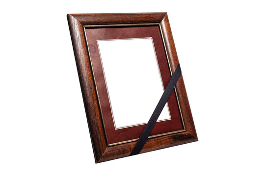 Brown Wooden Frame with Black Mourning Ribbon Isolated on White Background