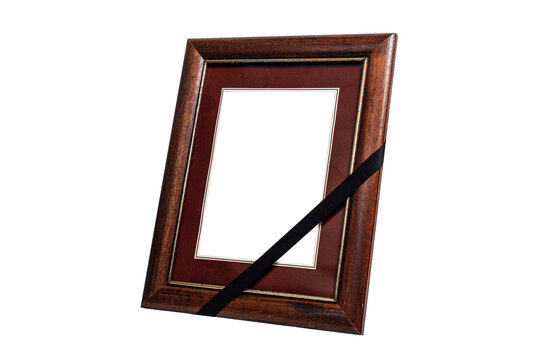 Brown Wooden Frame with Black Mourning Ribbon Isolated on White Background