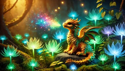 Fototapeta premium Little dragon in the fantasy forest