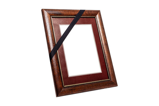 Brown Wooden Frame with Black Mourning Ribbon Isolated on White Background