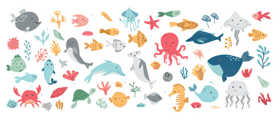 Set of ocean creatures illustration with whales, dolphins, and octopus. © ZhumaStudio