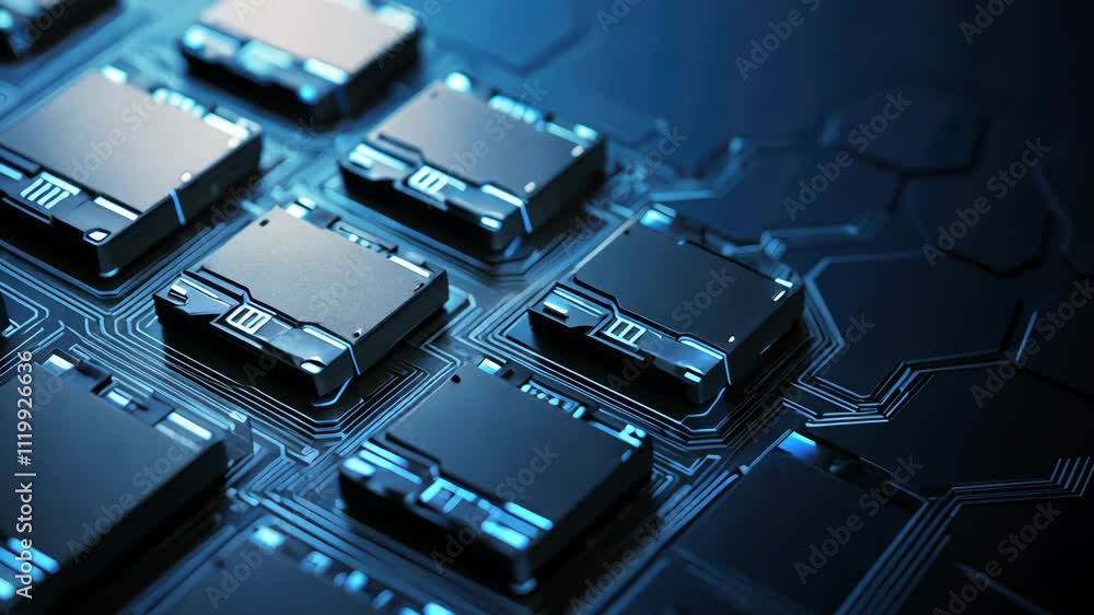 Poster electric circuit board with advanced technology and digital components in a futuristic setting