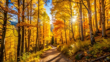 Picturesque dirt road through a vibrant autumn forest with golden trees and bright sunlight