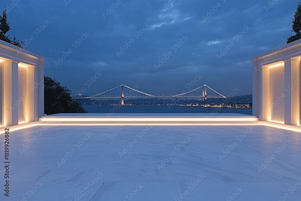 Poster a serene view of a bridge at dusk from a minimalist outdoor space with ambient lighting.
