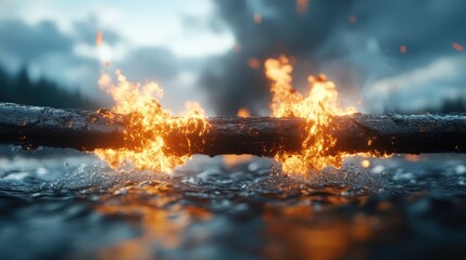 A blazing fire over a log bridge spanning intense rushing water, illustrating dramatic nature scenes combined with the emotional elements of fire and flow.