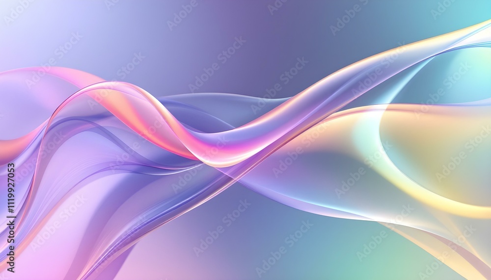 Poster Transparent glass morphism modern texture. Holographic curved wave in motion. Gradient design element. Macro glass 3d Y2K renders an abstract background. Trendy futuristic motion design banner.