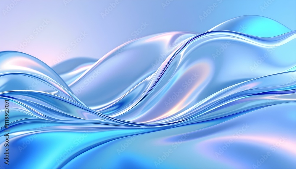 Poster Transparent glass morphism modern texture. Holographic curved wave in motion. Gradient design element. Macro glass 3d Y2K renders an abstract background. Trendy futuristic motion design banner.