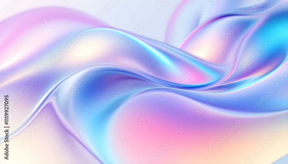 Poster Transparent glass morphism modern texture. Holographic curved wave in motion. Gradient design element. Macro glass 3d Y2K renders an abstract background. Trendy futuristic motion design banner.