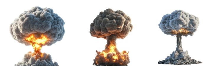 Set of Nuclear explosion, mushroom cloud, isolated on transparent background