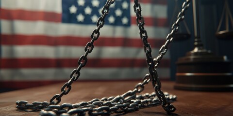 lawrestriction  justice.  A close-up of chains on a table with an American flag in the background, symbolizing justice and freedom.