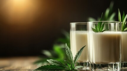 A serene image showcasing two glasses of creamy beverage, each adorned with a cannabis leaf. The warm lighting adds a peaceful and natural ambience to the scene.