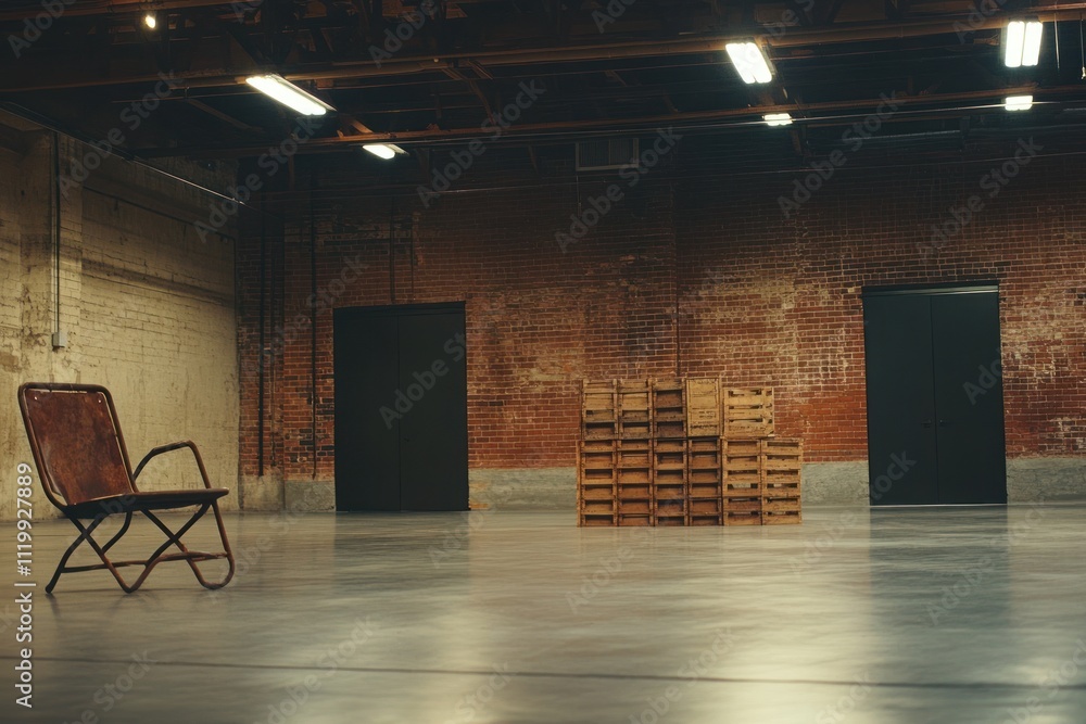 Poster an empty industrial space featuring a chair and stacked crates against a brick wall.