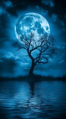A large blue moon with an old tree growing out of the water in the foreground