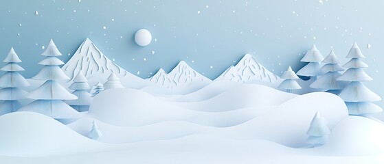 Snowy winter landscape with mountains, trees, and falling snow.