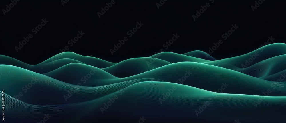 Poster abstract wavy forms in shades of teal against a dark background, suggesting depth and fluidity.
