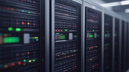 Data Center with Server Racks and Green Lights