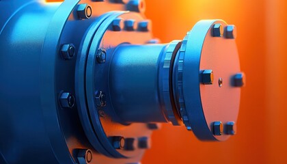 A blue industrial valve showcased against a blurred orange background, highlighting engineering themes.