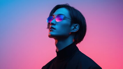 カラフルなサングラスをかけたスタイリッシュな日本人男性のモダンなファッションポートレート