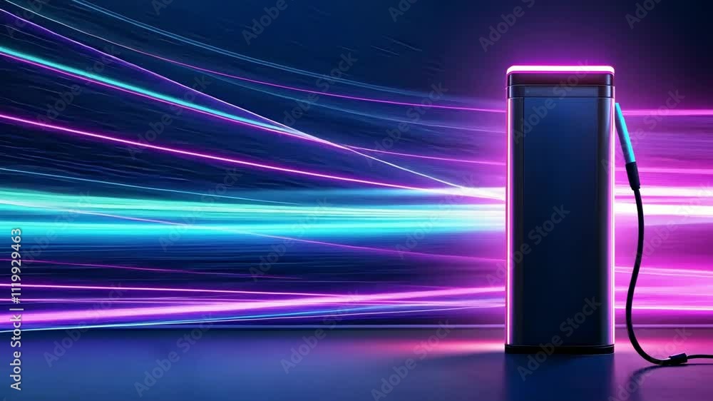 Poster abstract colorful light trails with modern vertical object in dynamic background