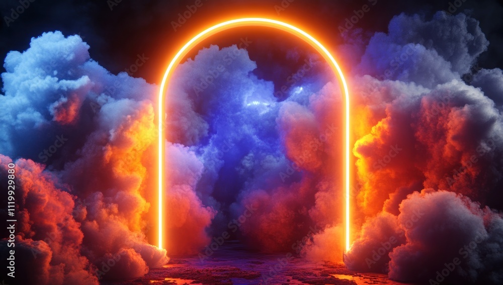 Poster a glowing archway amidst colorful clouds, evoking a surreal and mystical atmosphere.