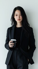 Fototapeta premium モダンなデザインのためのコーヒーカップを持つ日本人女性のミニマルな肖像画