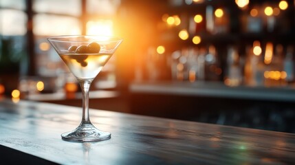 A striking image of a martini glass with olives captured against the warm glow of sunset, highlighting the allure of a relaxed evening at the bar.