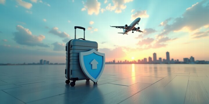 A travel suitcase with a shield icon symbolizing protection stands against a backdrop of an airplane taking off, representing essential travel insurance.