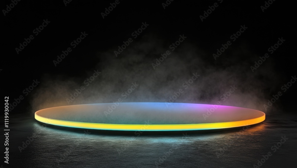 Poster a glowing circular platform surrounded by mist in a dark environment.