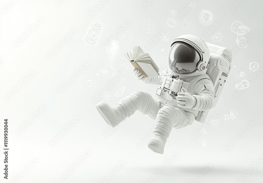 Wall mural an astronaut floating in space, reading a book with whimsical illustrations around.