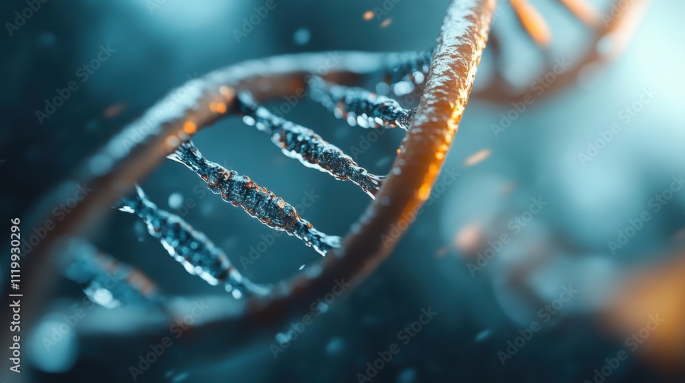 Poster a close-up view of a dna helix with glowing strands, depicting the complexity and beauty of genetic 