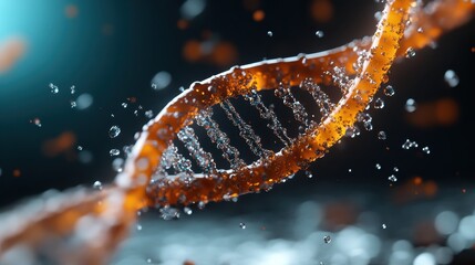 A futuristic representation of a DNA strand surrounded by vibrant, glowing orange molecules, symbolizing the complexity and beauty of life at a microscopic level.