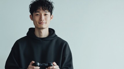 現代のライフスタイルのコンセプトに合わせた、ゲームコントローラーを持った男性のミニマルなポートレート