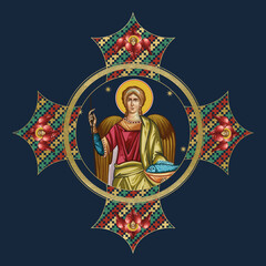 Obraz premium Archangel Raphael. Religious decorative cross. Illustration in Byzantine style on deep blue background