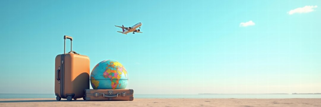 Explore peace of mind with travel insurance. This image depicts luggage and a globe under a clear sky, symbolizing safe travels and adventure.