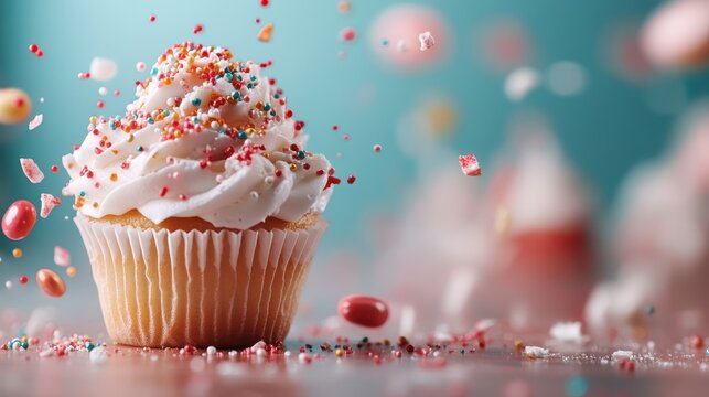 A lovingly baked cupcake crowned with smooth, whipped icing decked with bright sprinkles, casting a fun and inviting vibe perfect for birthdays and celebrations.