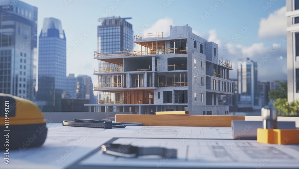 Poster A construction site with blueprints and a developing building in an urban setting.