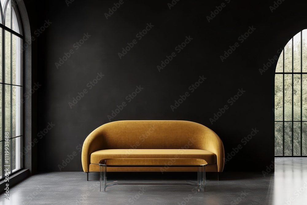 Poster a modern yellow sofa in a minimalist room with large windows and a dark wall.
