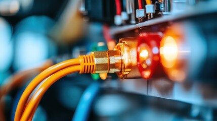 A detailed shot focusing on bright orange and red server connections, capturing the complexity and organized beauty of modern network systems in a technical environment.