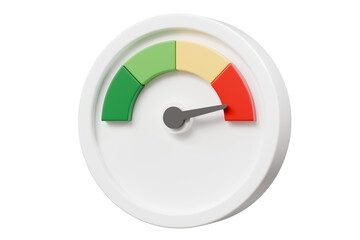 3d Speedometer icon. Minimal Status Speedometer with arrow scale gauge. Green, Yellow, Orange, Red Status color or low, medium, high arrow scale performance status icon. Credit rating score. 3d render