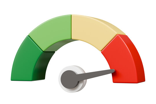 3d Speedometer icon. Minimal Status Speedometer with arrow scale gauge. Green, Yellow, Orange, Red Status color or low, medium, high arrow scale performance status icon. Credit rating score. 3d render